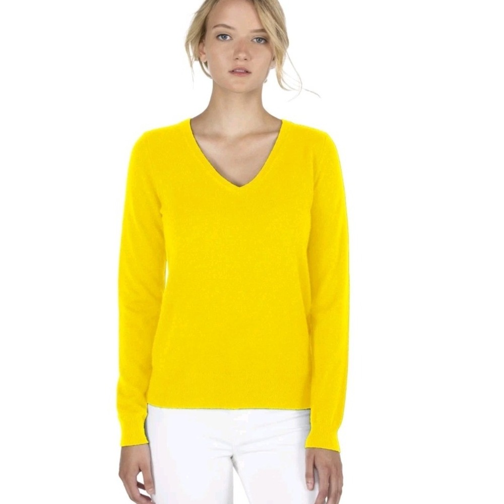 NEW! Jennie‎ Liu S 100% Cashmere V Neck Yellow Knit Pullover